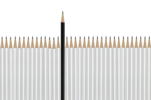 A black pencil among white pencils signifying difference beating the odds success