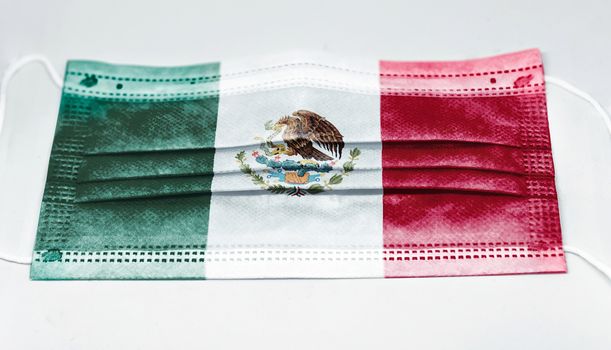 surgical mask with the national flag of Mexico printed. Pandemic covid-19 and preventive measures to counter the spread of the virus