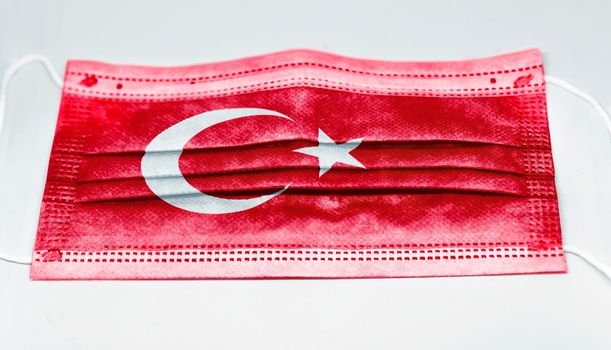 surgical mask with the national flag of Turkey printed. Pandemic covid-19 and preventive measures to counter the spread of the virus