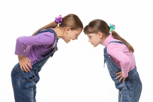 Girl yells at younger sister during altercation on white background