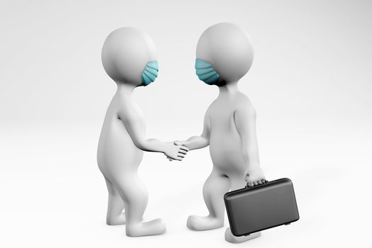 Fatty men with mask doing business deal making an agreement with a handshake. 3d rendering