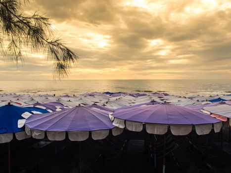 Large umbrella crowded along Cha-Am beach