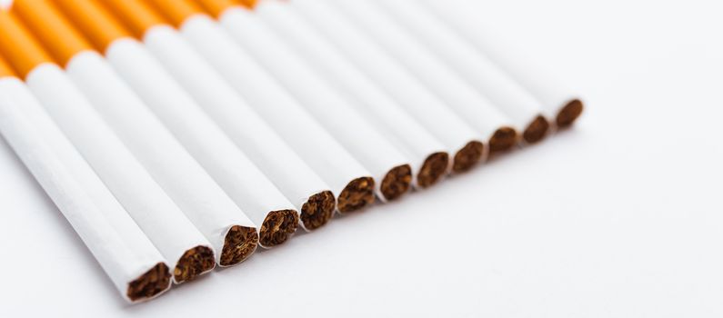 31 May of World No Tobacco Day, no smoking, close up of lined up full pile cigarette or tobacco on white background with copy space, and Warning lung health concept