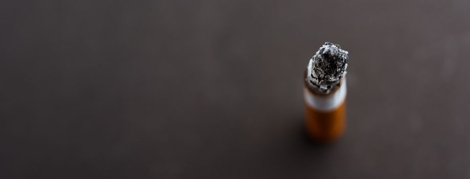 31 May of World No Tobacco Day, no smoking, close up of broken pile cigarette or tobacco on black background with banner copy space, and Warning lung health concept