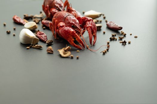 Crayfish red, Baby Lobster with herb for stir fry on black background