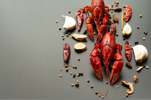 Crayfish red, Baby Lobster with herb for stir fry on black background