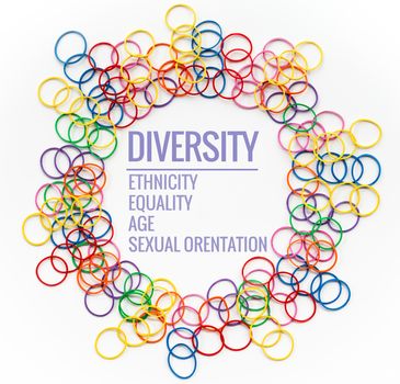 Diversity concept. mix colorful rubber band on white background with text Diversity, Ethnicity, Equality, Age, Sexual Orientation
