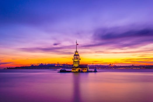 Maiden's tower in istanbul beautiful colorful sunset (Turkish:Kiz Kulesi) from Uskudar. Istanbul symbol. Romantic Istanbul Sunset Landscape. Istanbul Bosphorus and Maiden's Tower amazing view, Turkey