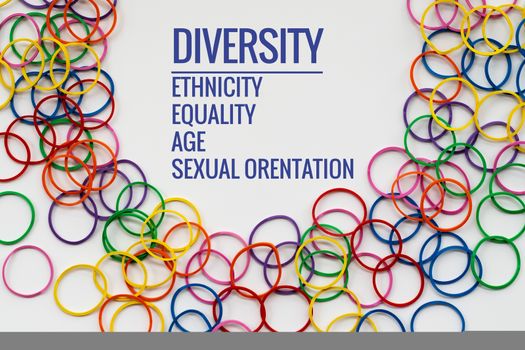 Diversity concept. mix colorful rubber band on white background with text Diversity, Ethnicity, Equality, Age, Sexual Orientation
