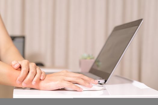 woman wrist hand arm pain long use mouse working. office syndrome healthcare and medicine concept