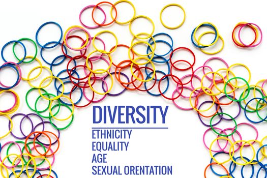 Diversity concept. mix colorful rubber band on white background with text Diversity, Ethnicity, Equality, Age, Sexual Orientation