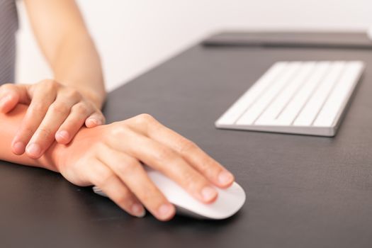 woman wrist hand arm pain long use mouse working. office syndrome healthcare and medicine concept