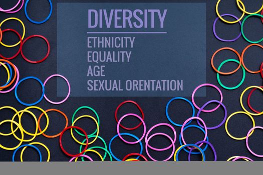Diversity concept. mix colorful rubber band on black background with text Diversity, Ethnicity, Equality, Age, Sexual Orientation