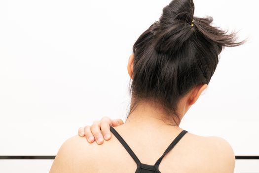 young women neck and shoulder pain injury, healthcare and medical concept