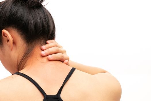 young women neck and shoulder pain injury, healthcare and medical concept