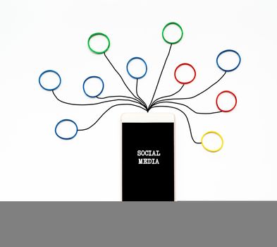 Social media and communication concept, the smartphone with rubber band with hand writing of social media icon on white background