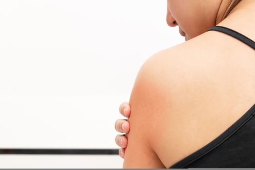 young women neck and shoulder pain injury, healthcare and medical concept