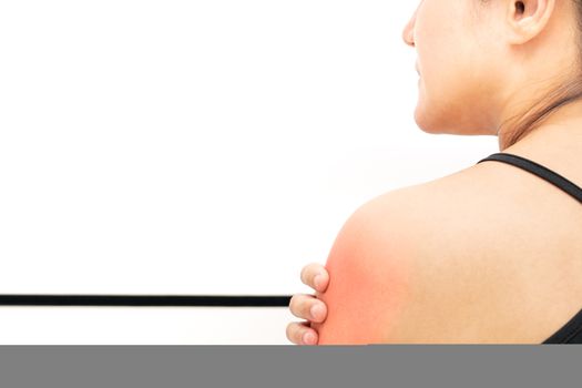 young women neck and shoulder pain injury, healthcare and medical concept
