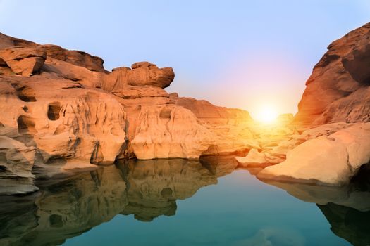 Sunrise new day at Sam Phan Bok, as known as the Grand Canyon of Thailand, the biggest rock reef in the Mae Khong River, in Ubon Ratchathani province, Thailand