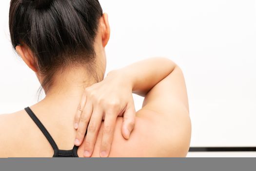 young women neck and shoulder pain injury, healthcare and medical concept