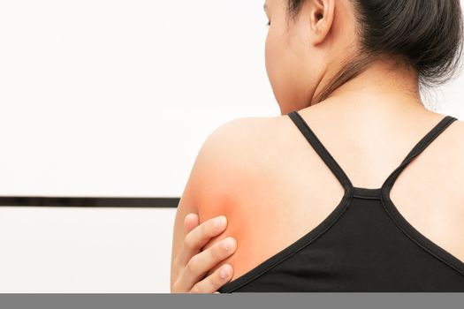 young women back and shoulder pain injury, healthcare and medical concept