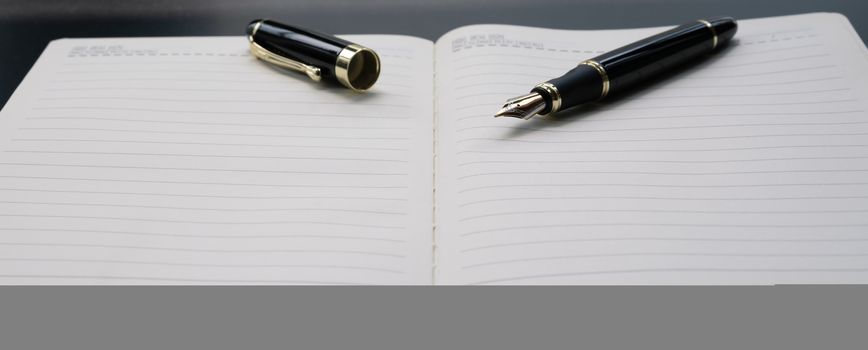 Opened lined diary notebook with a luxury pen with copy space