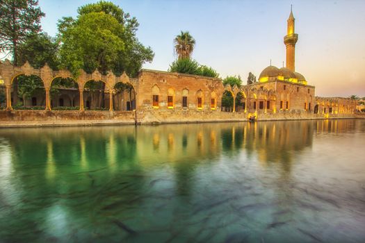 Mosque of Halil-ur-Rahman Reflection on Abraham's Pool Fish Lake reflection, Urfa, Turkey. Islam religious best destination of visit Turkey