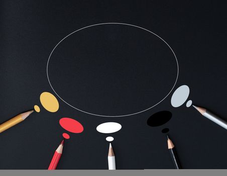 Community communication, represents people conference, social media interaction & engagement. group of pencils sharing idea on the black background with copy space