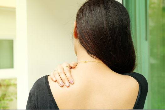 young women neck and shoulder pain injury, healthcare and medical concept