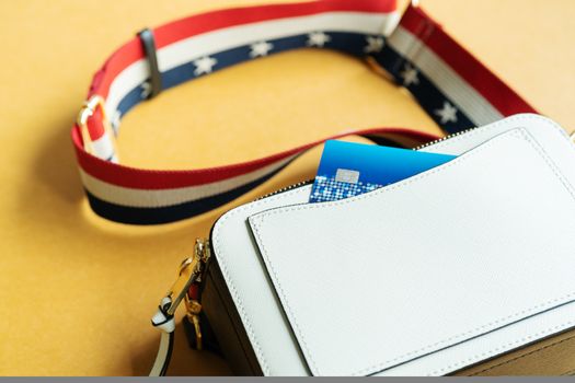 credit card in white shoulder bag, ready shopping concept
