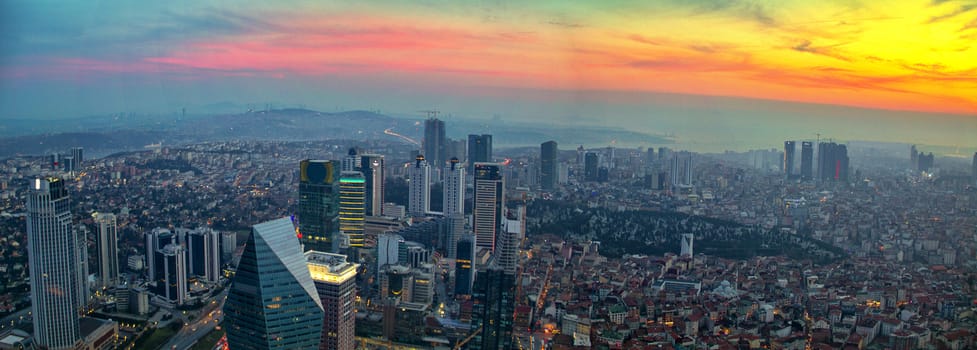 Istanbul sunset skyline aerial panoramic view from Sapphire tower, Levent Financial District, Istanbul Turkey. Beautiful Bosphorus Bridge, business towers, modern offices, central banks, skyscrapers