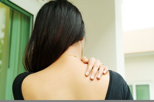 young women neck and shoulder pain injury, healthcare and medical concept