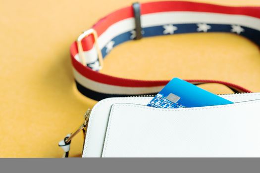 credit card in white shoulder bag, ready shopping concept