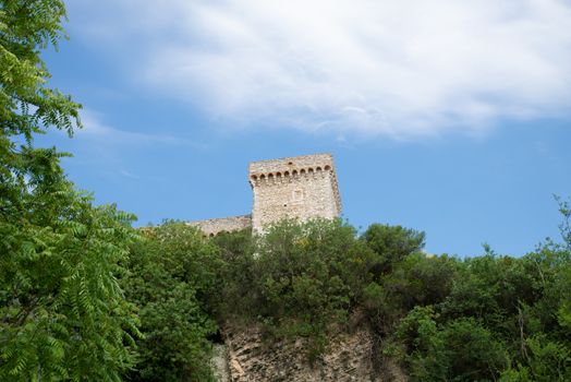 narni, italy may 23 2020: fortress of albornoz on the hill above narni with panoramic view of the ternana basin