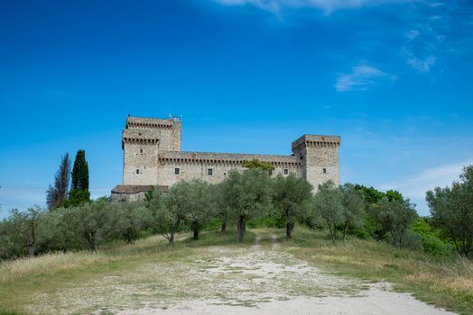 narni, italy may 23 2020: fortress of albornoz on the hill above narni with panoramic view of the ternana basin