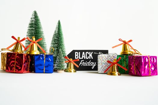 Black friday. final sale tag with gift box and decoration