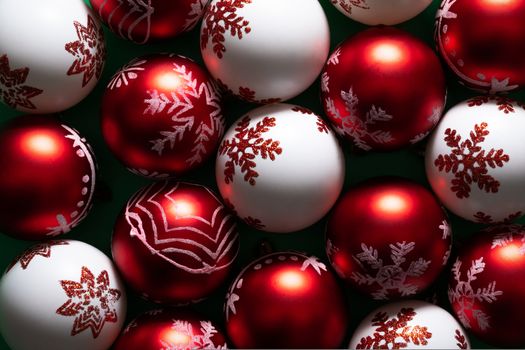 Christmas composition. Christmas ball red and white. Flat lay, top view