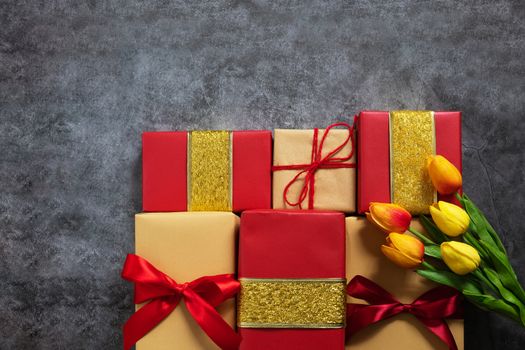 Boxing day Sale concept Christmas gift box on cement background, top view
