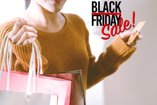 Black Friday sale, Happy girl hold shopping bag