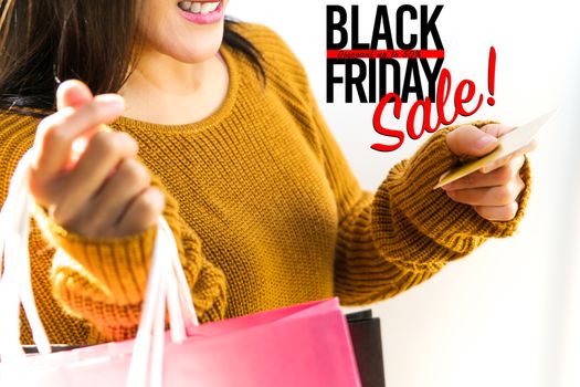 Black Friday sale, Happy girl hold shopping bag