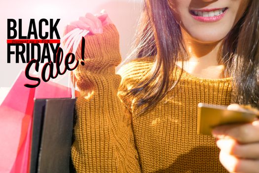 Black Friday sale, Happy girl hold shopping bag