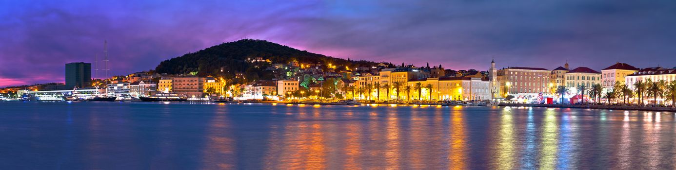 Split waterfront and Marjan hill colorful dusk panoramic view, Dalmatia region of Croatia

