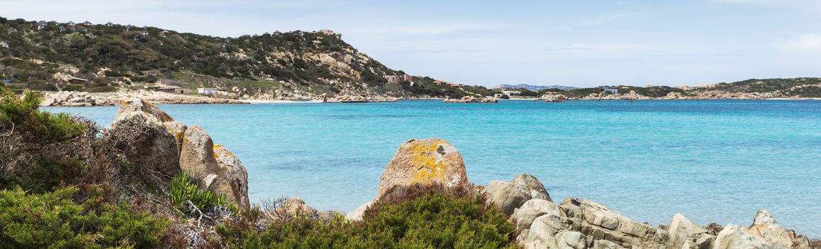 rocks on maddalena island, near sardinia with beautifull bay, blue water and plants and flowers, you can reach the island with the ferry from the sardinia palce palau