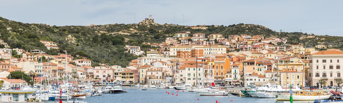 La Maddalena village seen from the water in La Maddalena island, Sardinia, Italy, you arrive this island with the ferry from Palua on the italien island of sardinia