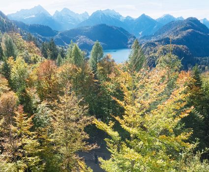 Beautiful nature of European Alps, landscape view of alpine mountains, lake and village on a sunny day, travel and destination scenery