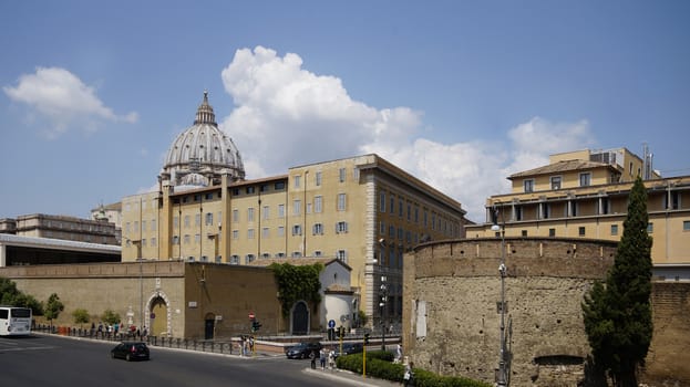 View of Fountain di Porta Cavalleggeri , dome of Circus of Nero or Circus of Caligula, Dom de Maria and part of Augustinianum. View from Viale delle Mura Aurelie street. Rome, Italy, august 2018