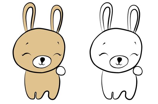 drawing of a cartoon cute toy rabbit - in color and line art, coloring page