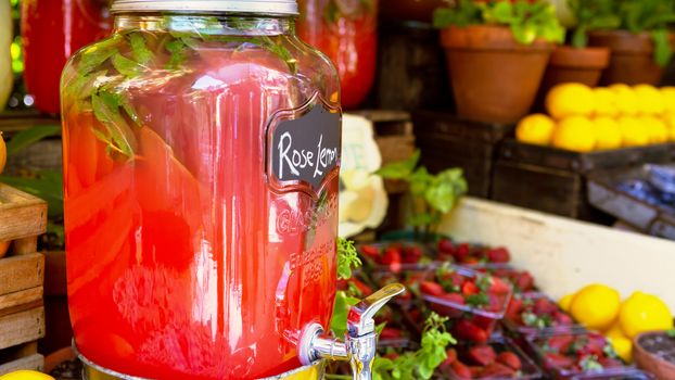 Fresh home made fruit juices on a market stall