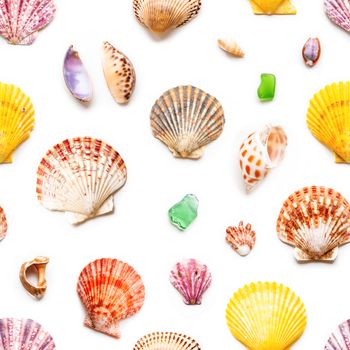 Seamless photo pattern with different sea shells. Flat lay with colorful mollusc shells, corals and wave-worn pieces of glass and stones. Top view on finds from ocean beach.