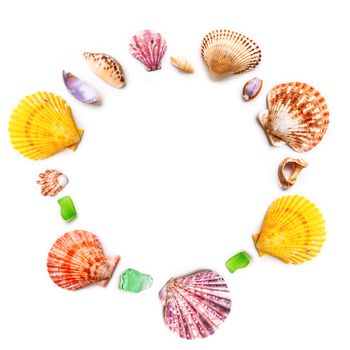 Top view on different sea shells with circle copy space. Flat lay with colorful mollusc shells, corals and wave-worn pieces of glass and stones. Finds from ocean beach on white background.
